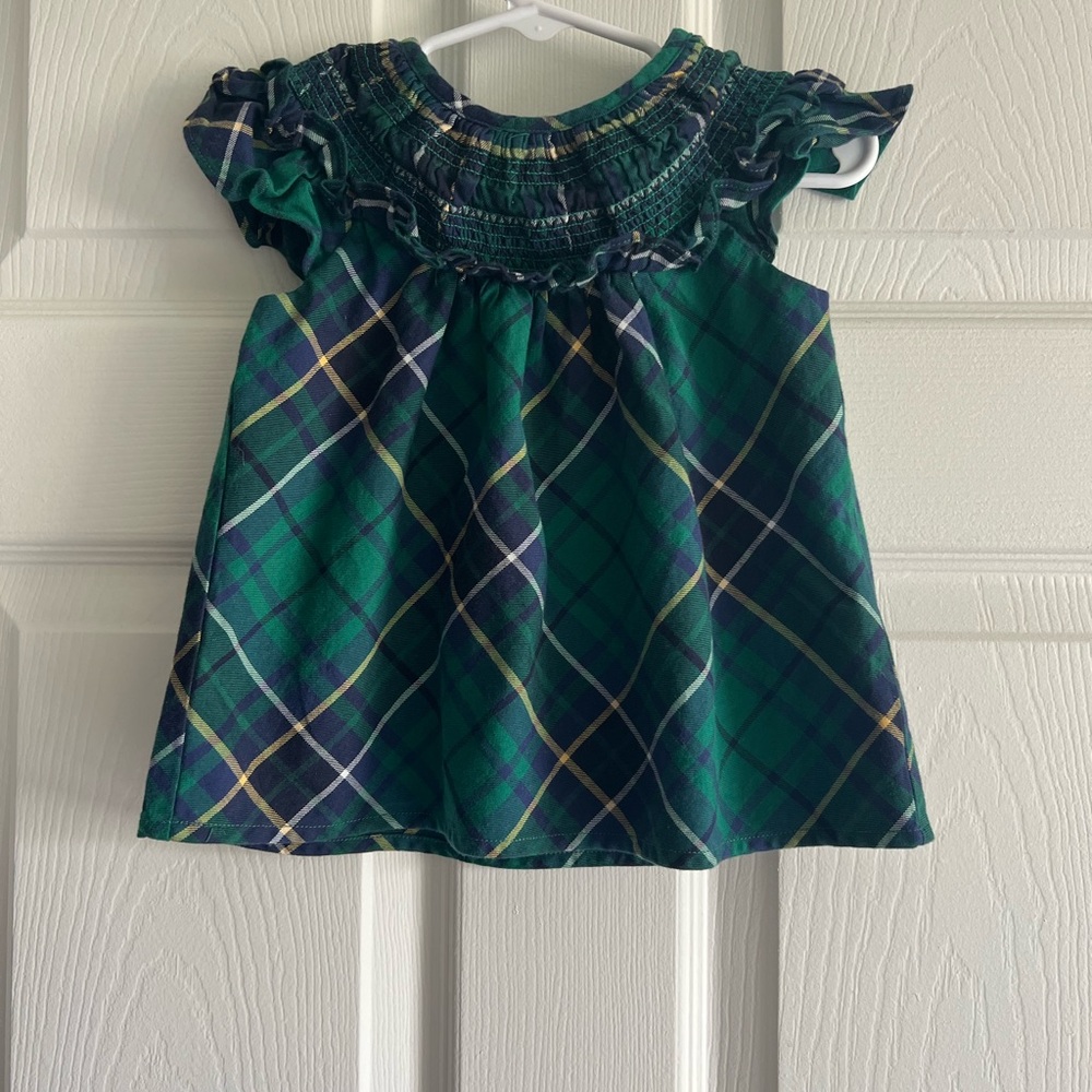 Janie and Jack Green, Navy and Yellow Plaid Off-Shoulder Top